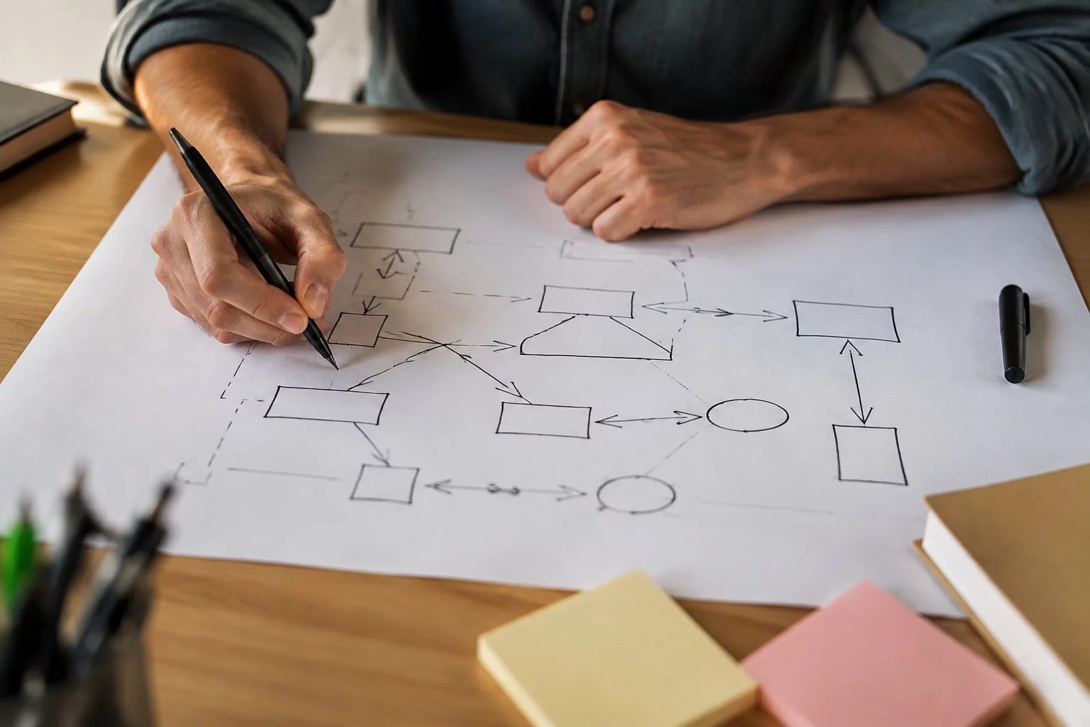 Vista de cima de uma mesa com um diagrama de lógica desenhado à mão