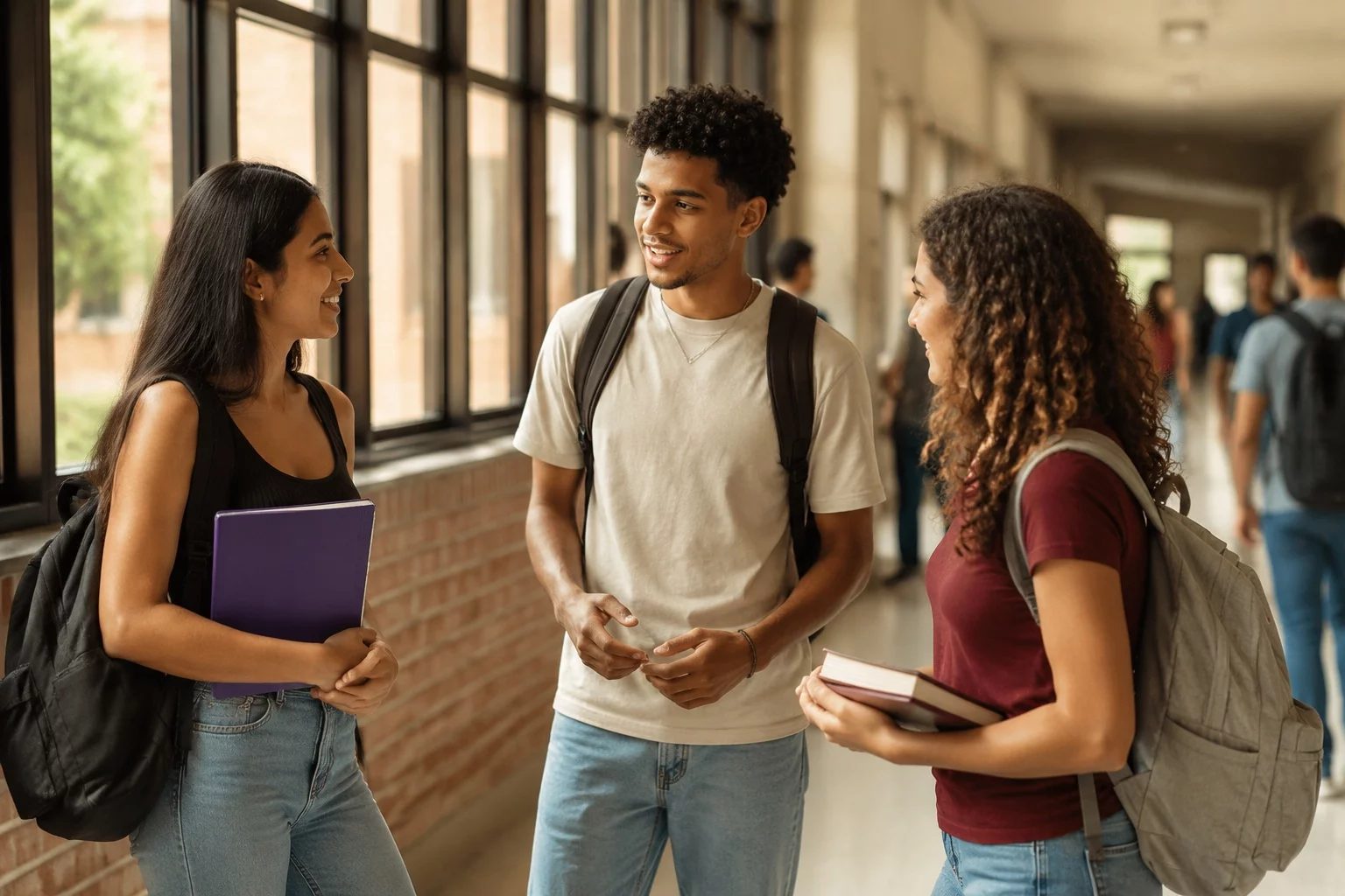 Estudantes com mochilas conversando no corredor de uma universidade