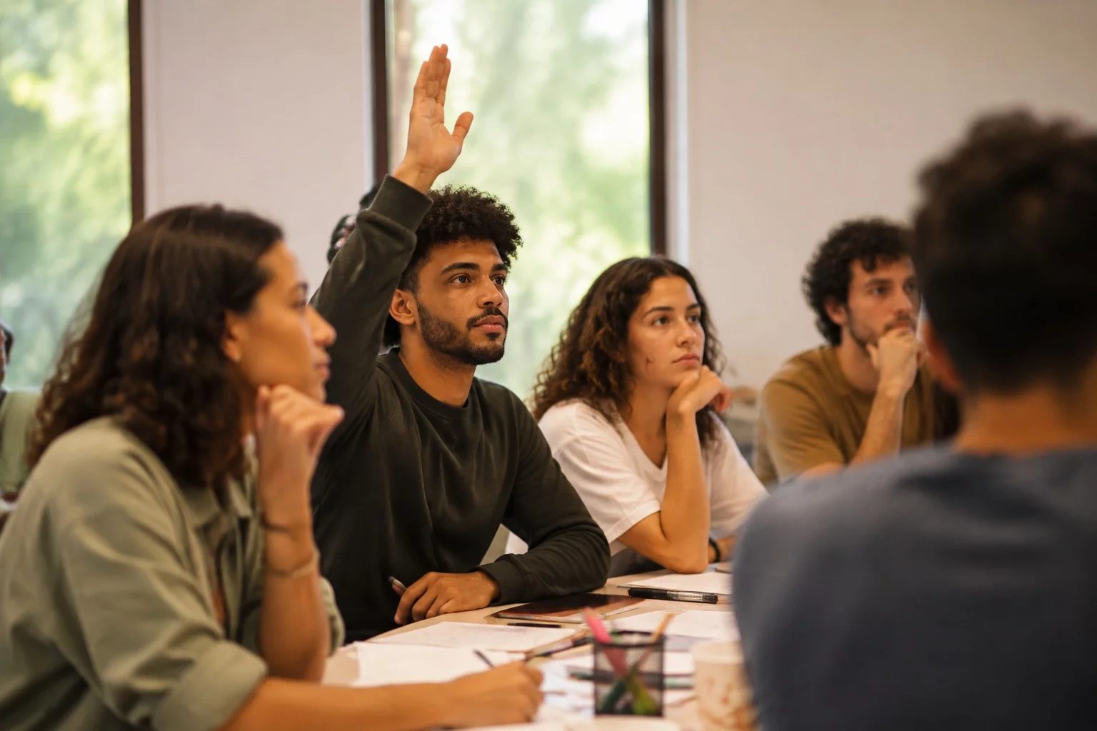 Estudante levantando a mão em uma mesa de seminário coberta de anotações