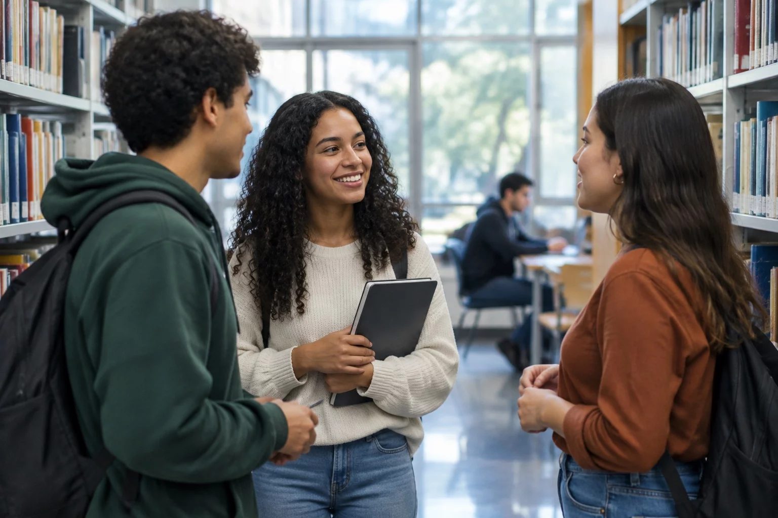 Estudantes conversando em pé entre as estantes de uma biblioteca