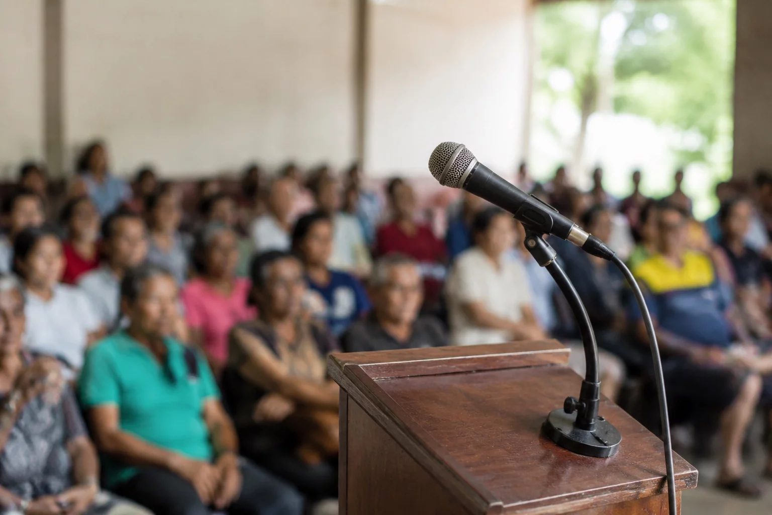 Microfone sobre uma tribuna, com a plateia sentada desfocada ao fundo