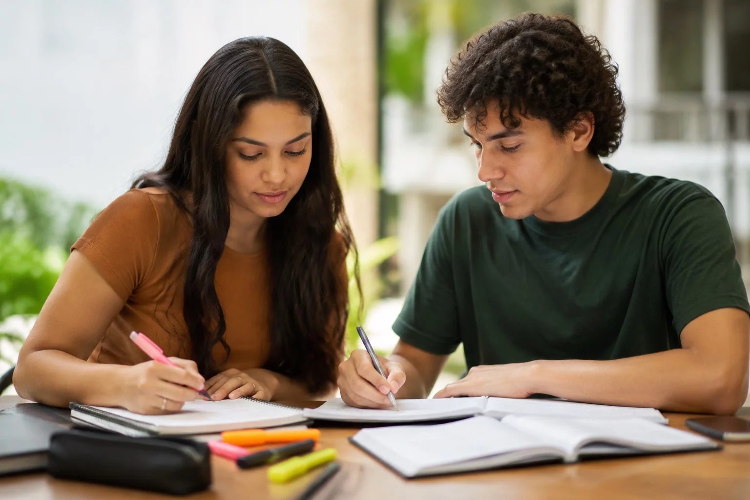 Dois estudantes preparando um debate com cadernos e marcadores