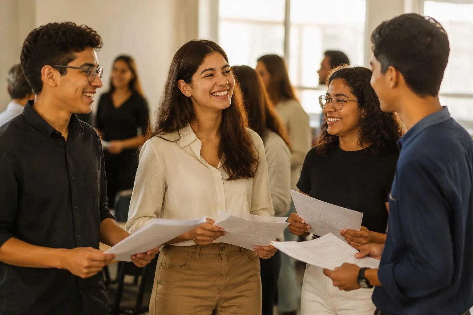 Grupo sorrindo após uma rodada de debate, com papéis nas mãos